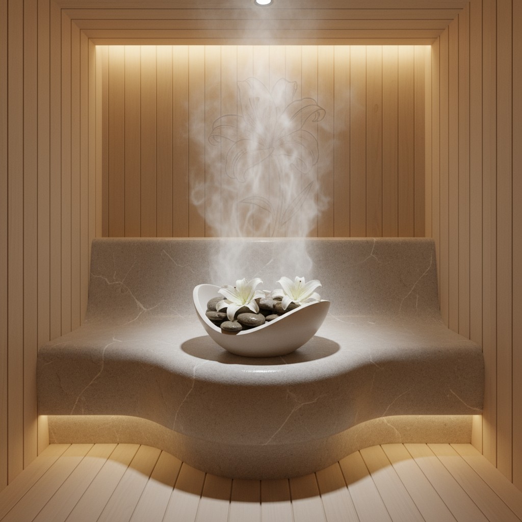 An interior sauna with aromatherapy theme and underlit backrest. It features a marble like curved backrest with shelves ma...