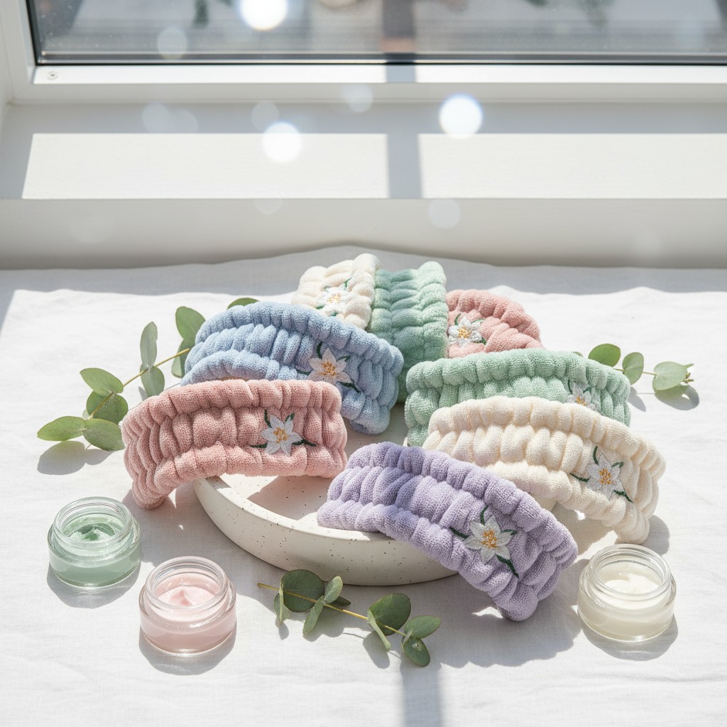 This image depicts six, plush headbands in garden style colors including pink, lavender, cream, sag green, and other blues...