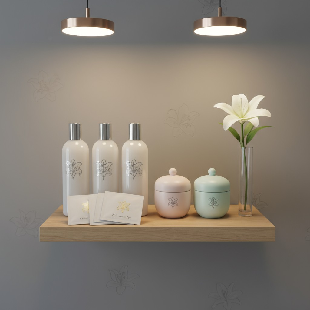 A shelf with various containers and a vase of a white flower. The containers are white, pink, and mint green, and one of t...