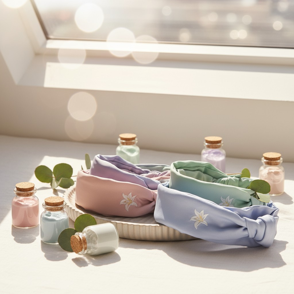 Embroidered pastel hair bands in pink, blue, and mint green colours, on a white surface with eucalyptus sprigs and pastel ...