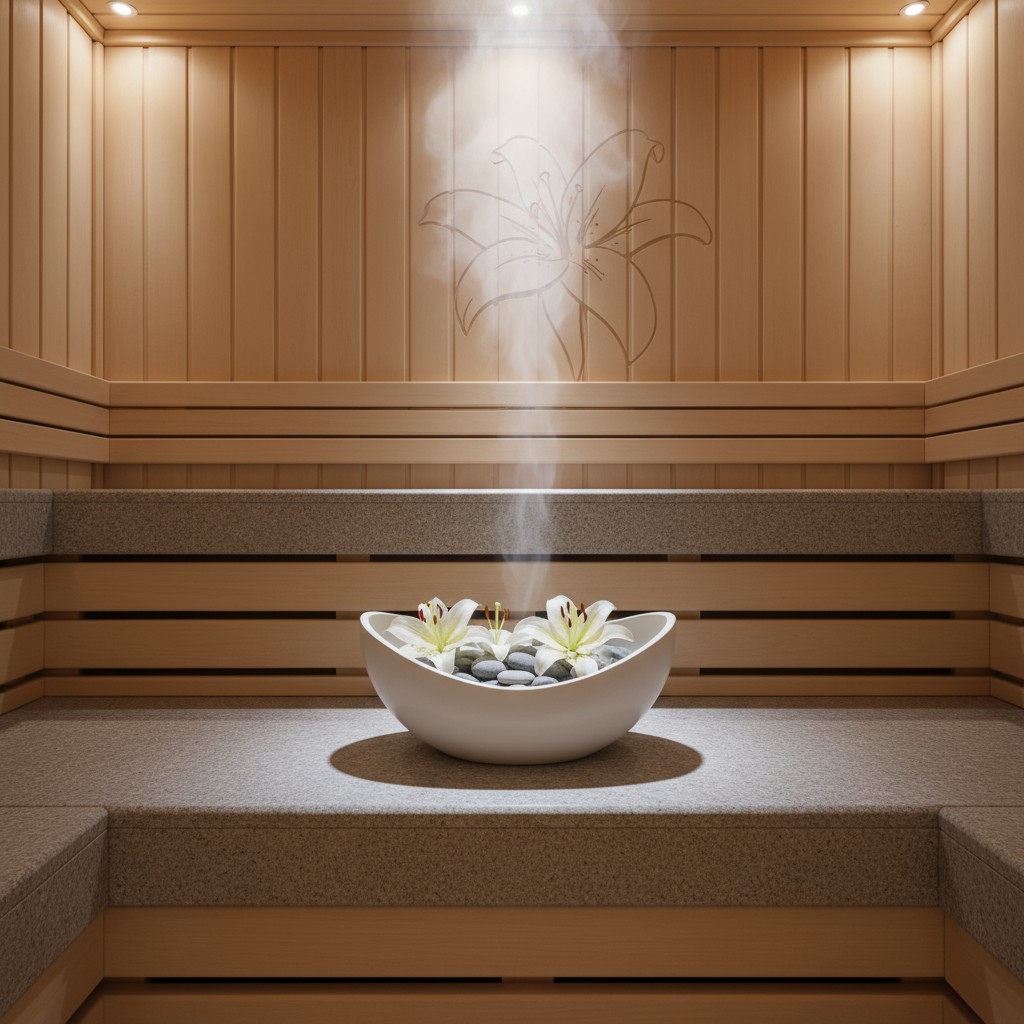 Blank room and decorative bowl with stones and lilies. Illuminated ceiling displays flower flickering as fog emanates from...