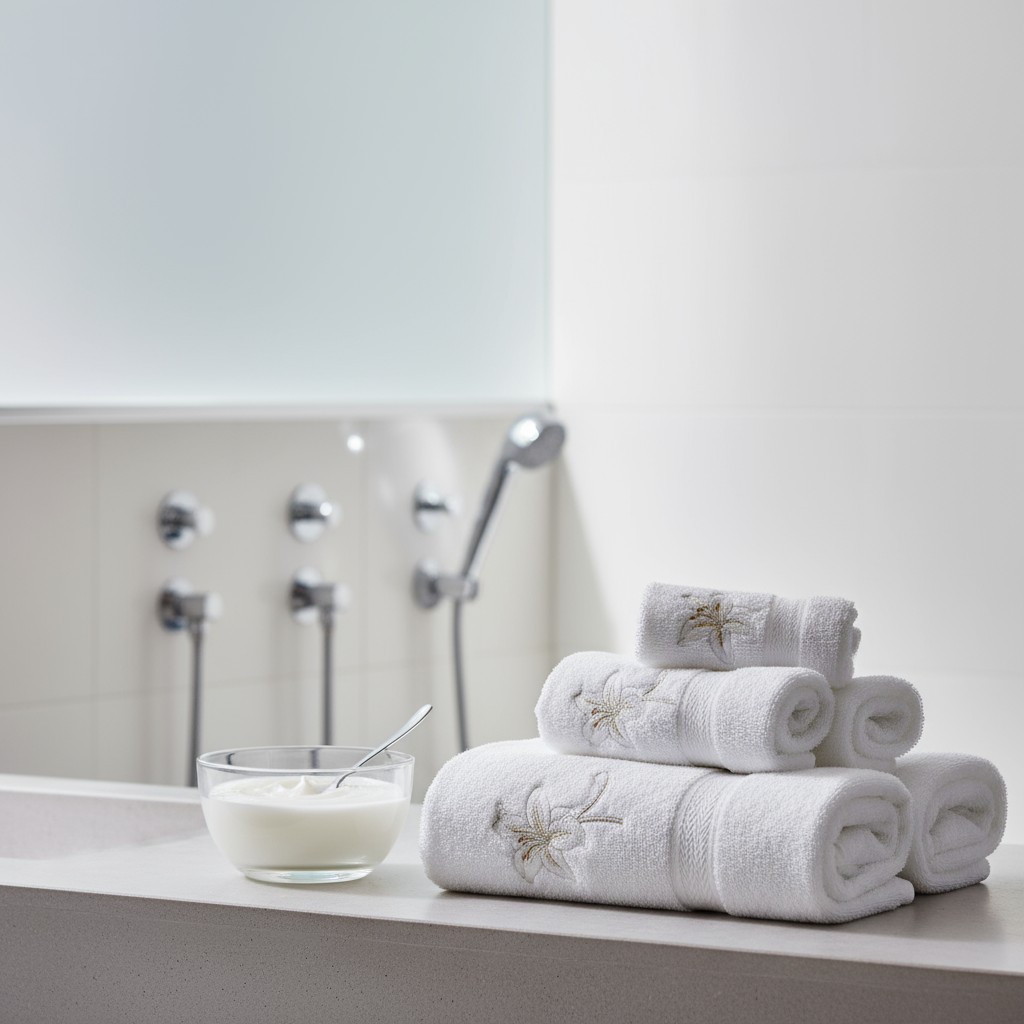 A stack of rolled white towels folded into various sizes, with the larger ones in the back with an embroidered flower. Nex...